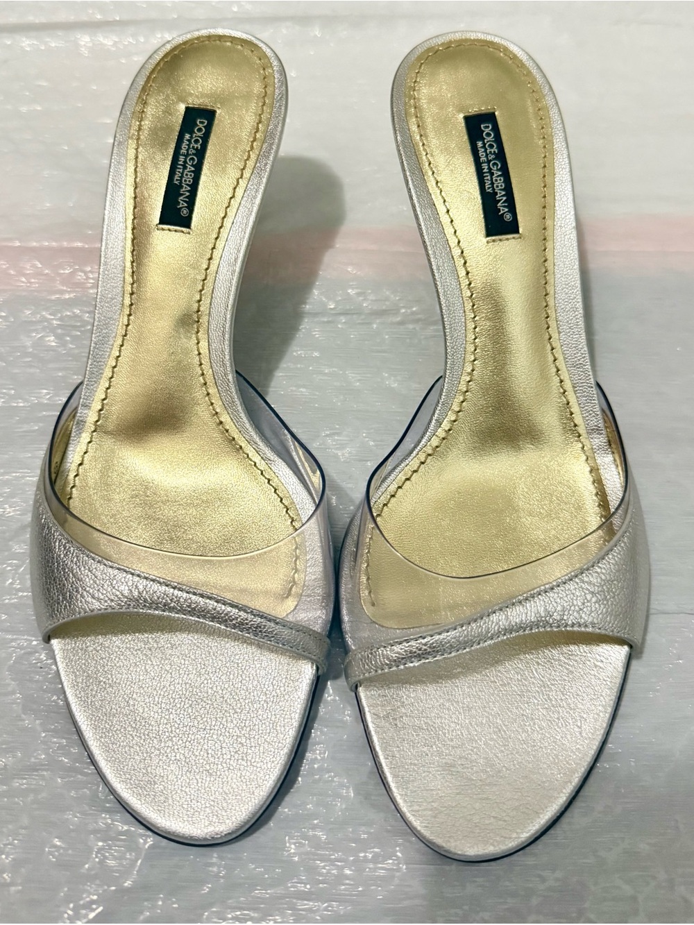 Authentic Dolce & Gabbana Silver Metallic Mule Sandals — Size 38 / US 8B